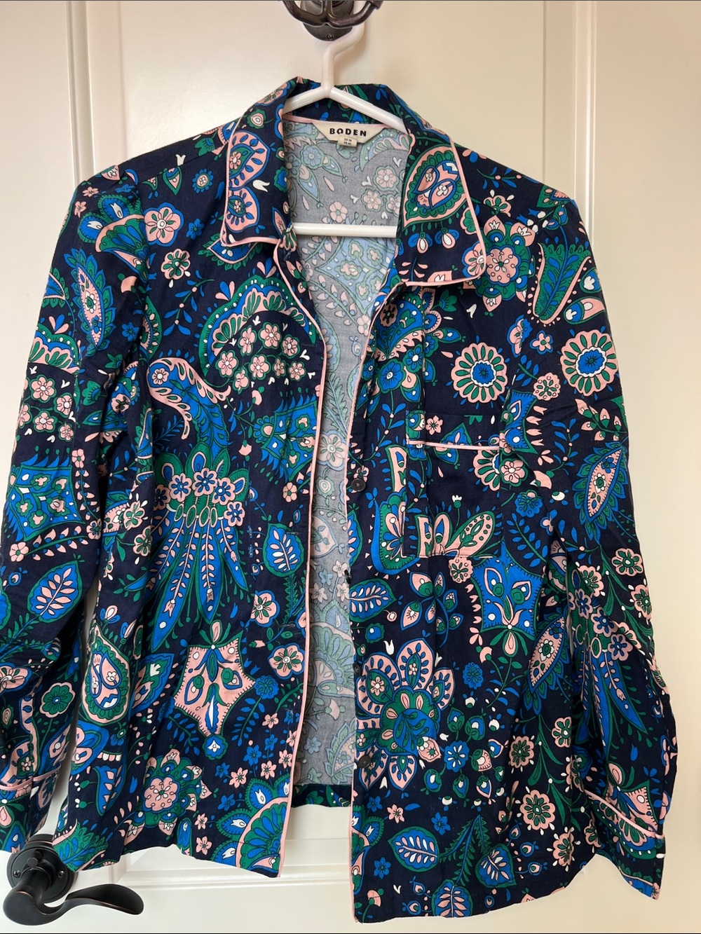 Boden Navy Floral-Paisley pajama top with silky Pink & Green Accents